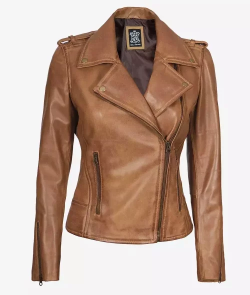 Women's Camel Brown Real Leather Moto Jacket