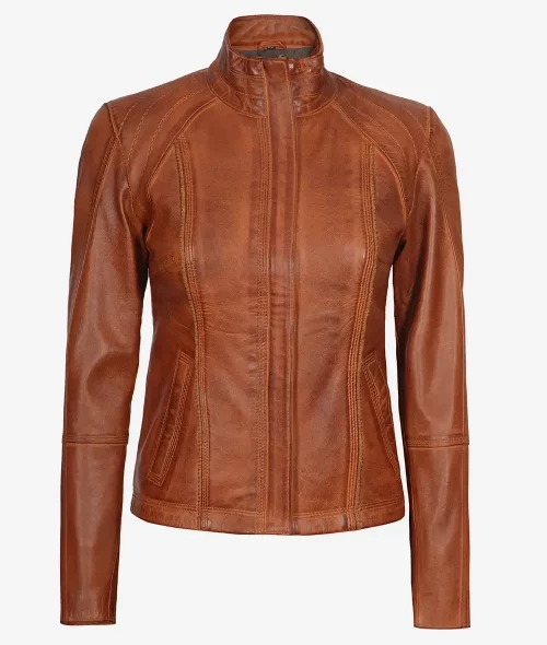 Acerra Women's Cognac Brown Cafe Racer Real Leather Jacket