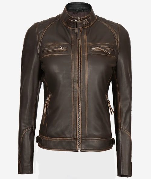 Women's Rub off Quilted Dark Brown Real Lambskin Moto Leather Jacket