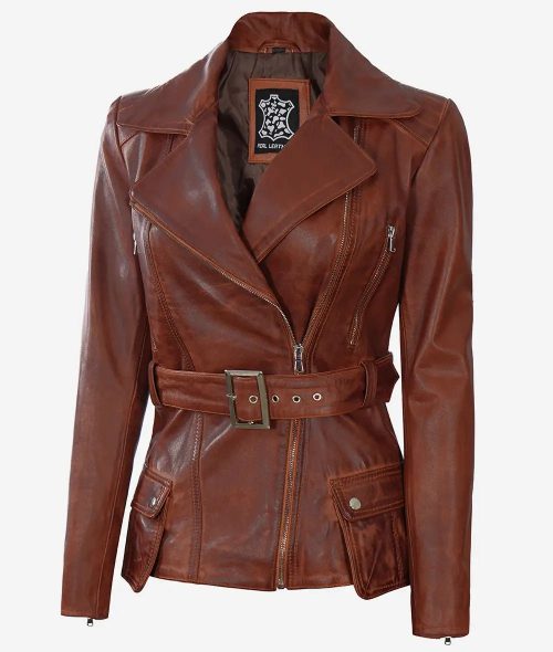 Women's Cognac Asymmetrical Belted Wax Four-Pocket Moto Leather Jacket