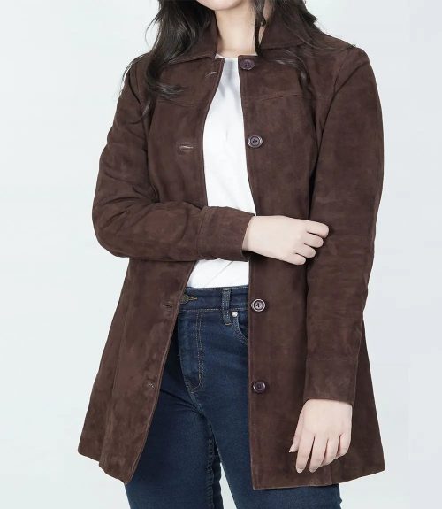 Women's Dark Brown Button Down Suede Coat