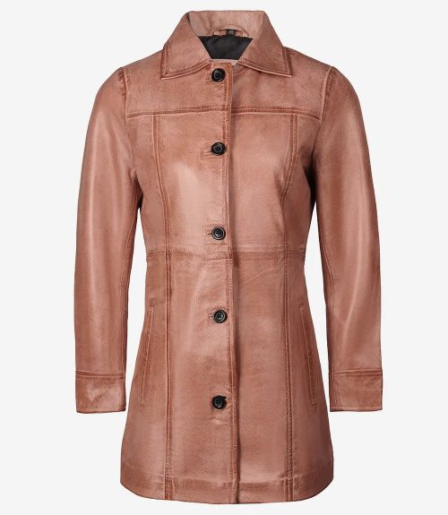 Women's Pink Cognac Button Down Waxed Leather Coat