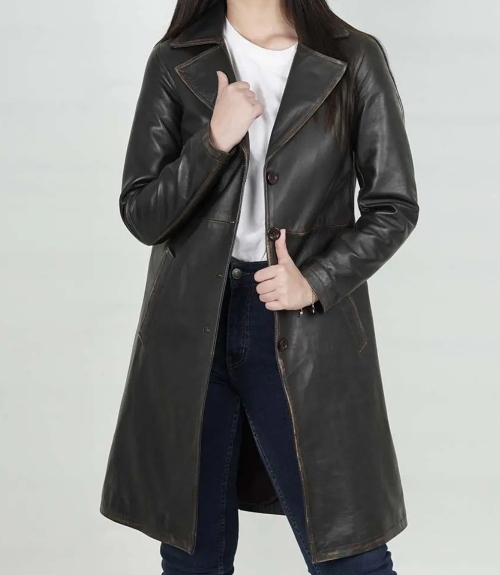 Women's Dark Brown 3/4 Length Leather Coat