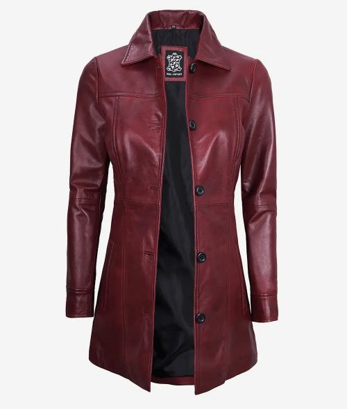 Women's Maroon Button Down Leather Car Coat