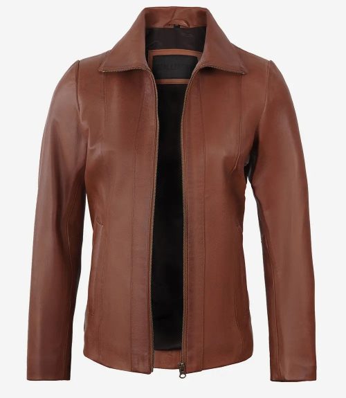 Women's Cognac Zipper Closure Lambskin Leather Coat