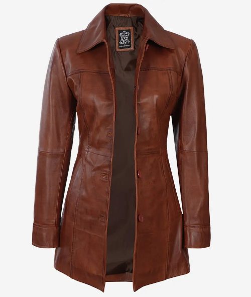 Women's Cognac Button Down 3/4 Length Leather Coat