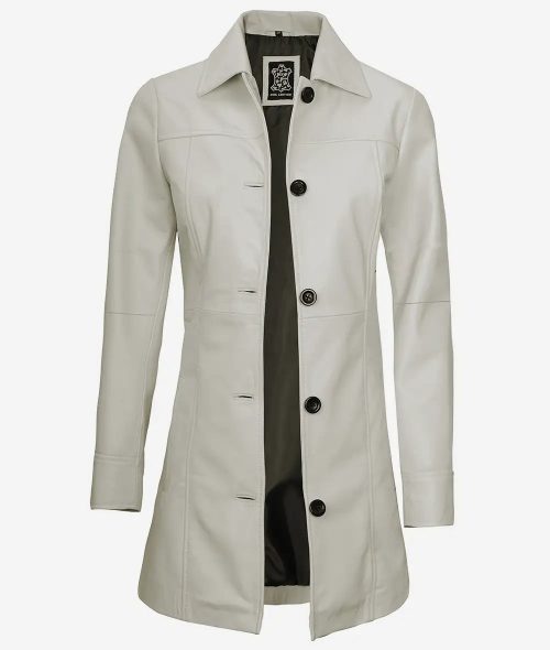 Women's Off White Real Leather 3/4 Length Coat